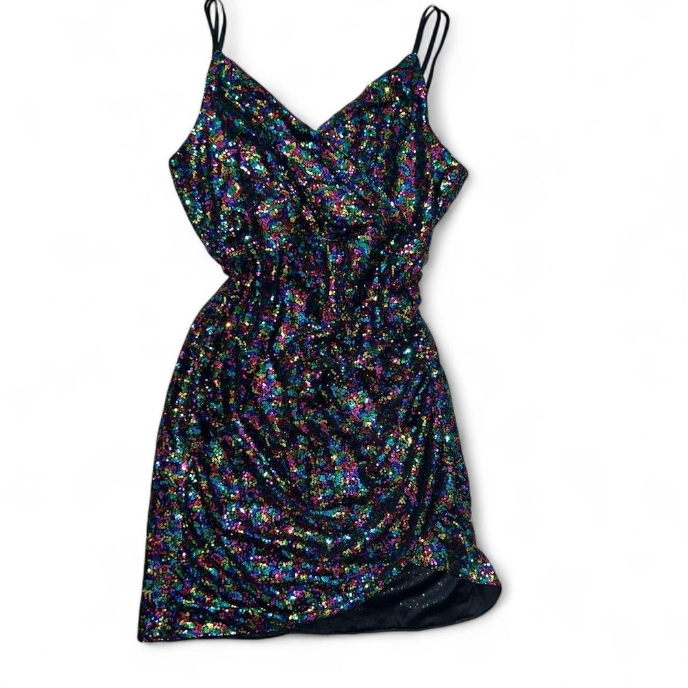 Grace Karin 2XL Rainbow Multicolor Sequin Dress Black Spaghetti Strap